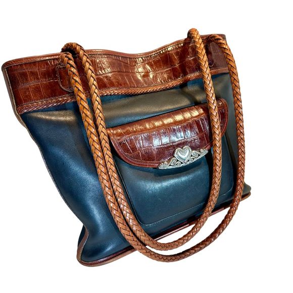 Brighton 80's Leather Shoulder Bag Black/Brown Braided Handles, silver metal - Picture 8 of 12